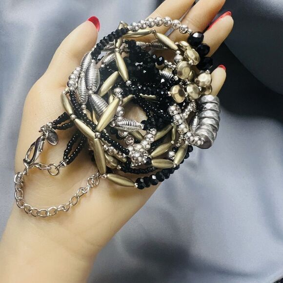 Chico's Statement Necklace Long Layered 3 Strand Beaded Black Silver Gold 1120 - Picture 6 of 11